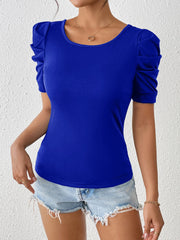 Ruched Puff Short Sleeve Back Bow Colorblock Blouse