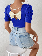 Ruched Puff Short Sleeve Back Bow Colorblock Blouse