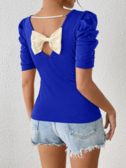 Ruched Puff Short Sleeve Back Bow Colorblock Blouse