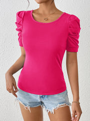 Ruched Puff Short Sleeve Back Bow Colorblock Blouse