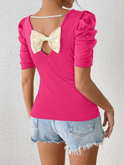 Ruched Puff Short Sleeve Back Bow Colorblock Blouse