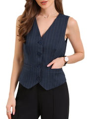 Striped V Neck Sleeveless Button Down Pocketed Fully Lined Waistcoat Vest
