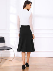 Solid Color Business Casual Midi High Waisted Flared Skirt