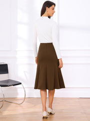 Solid Color Business Casual Midi High Waisted Flared Skirt