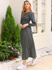 Floral Smocked Long Puff Sleeve A-Line Maxi Dress
