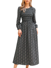 Floral Smocked Long Puff Sleeve A-Line Maxi Dress