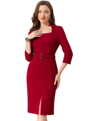 Solid Color 3/4 Sleeve Belted Slit Sheath Midi Dress