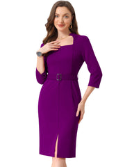Solid Color 3/4 Sleeve Belted Slit Sheath Midi Dress