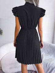 Wrinkle-Resistant Chiffon Bow Tie Neck Ruffled Sleeves Pleated Midi Dress