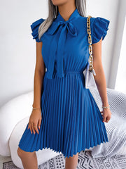 Wrinkle-Resistant Chiffon Bow Tie Neck Ruffled Sleeves Pleated Midi Dress
