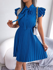 Wrinkle-Resistant Chiffon Bow Tie Neck Ruffled Sleeves Pleated Midi Dress