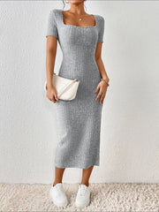 Square Neck Solid Color Bodycon Slit Midi Dress