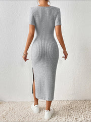 Square Neck Solid Color Bodycon Slit Midi Dress