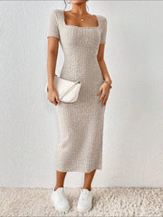 Square Neck Solid Color Bodycon Slit Midi Dress