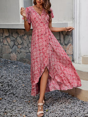 Floral V Neck Short Sleeves Maxi Wrap Dress