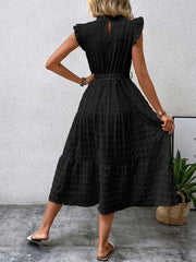 Ruffled Cap Sleeves Lace-Up Textured Tiered Dress