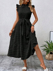 Ruffled Cap Sleeves Lace-Up Textured Tiered Dress