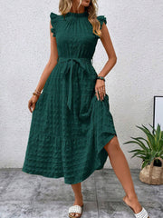Ruffled Cap Sleeves Lace-Up Textured Tiered Dress