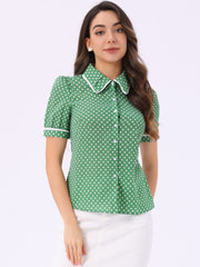 Polka Dot Peter Pan Collar Bow Tie Neck Puff Sleeve Vintage Shirt