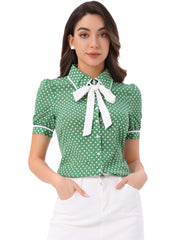 Polka Dot Peter Pan Collar Bow Tie Neck Puff Sleeve Vintage Shirt