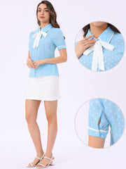 Polka Dot Peter Pan Collar Bow Tie Neck Puff Sleeve Vintage Shirt