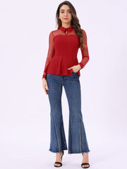 Mesh Sheer Long Sleeve Blouse Turn Down Collar Keyhole Peplum Top