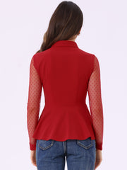 Mesh Sheer Long Sleeve Blouse Turn Down Collar Keyhole Peplum Top