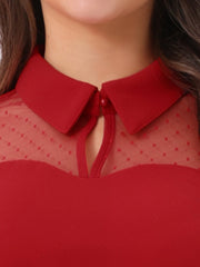 Mesh Sheer Long Sleeve Blouse Turn Down Collar Keyhole Peplum Top