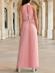 Halter Neck Sleeveless Pleated Wide Leg Jumpsuits