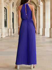 Halter Neck Sleeveless Pleated Wide Leg Jumpsuits