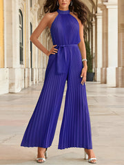 Halter Neck Sleeveless Pleated Wide Leg Jumpsuits