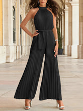 Halter Neck Sleeveless Pleated Wide Leg Jumpsuits