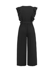 Elegant Ruffled Cap Sleeves High-Waist Pleats Belted Wide Leg Office Jumpsuits