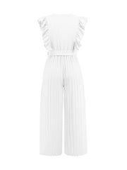 Elegant Ruffled Cap Sleeves High-Waist Pleats Belted Wide Leg Office Jumpsuits