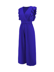 Elegant Ruffled Cap Sleeves High-Waist Pleats Belted Wide Leg Office Jumpsuits
