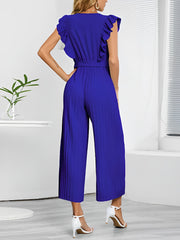 Elegant Ruffled Cap Sleeves High-Waist Pleats Belted Wide Leg Office Jumpsuits