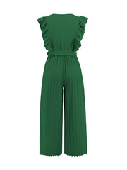 Elegant Ruffled Cap Sleeves High-Waist Pleats Belted Wide Leg Office Jumpsuits