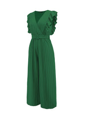 Elegant Ruffled Cap Sleeves High-Waist Pleats Belted Wide Leg Office Jumpsuits