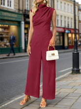 Ruched Mock Neck Sleeveless Solid Color Jumpsuits