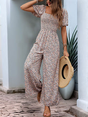 Boho-Chic Square Neck Puff Sleeve Floral Wide Leg Beach Jumpsuits
