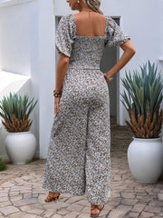Boho-Chic Square Neck Puff Sleeve Floral Wide Leg Beach Jumpsuits
