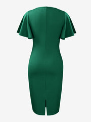 Elegant Flutter Ruffles Short Sleeves Solid Color Midi Slim Sheath Office Dress