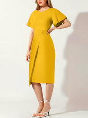 Elegant Flutter Ruffles Short Sleeves Solid Color Midi Slim Sheath Office Dress