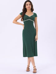 V Neck Cap Sleeve Polka Dots Vintage Midi Dress