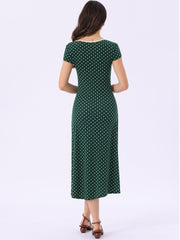 V Neck Cap Sleeve Polka Dots Vintage Midi Dress