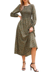 Floral Smocked Long Puff Sleeve A-Line Maxi Dress