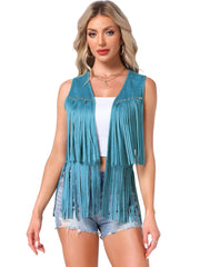 Fringe Open Front 70s Outfits Faux Suede Tassel Vest