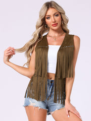 Fringe Open Front 70s Outfits Faux Suede Tassel Vest