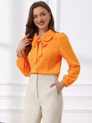 Peter Pan Collar Chiffon Bow Tie Neck Puff Sleeve Button Blouse