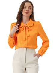 Peter Pan Collar Chiffon Bow Tie Neck Puff Sleeve Button Blouse